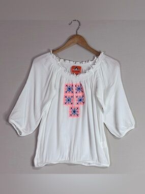 Pia Pauro Embroidered Peasant Blouse White Boho Beaded Top XS India